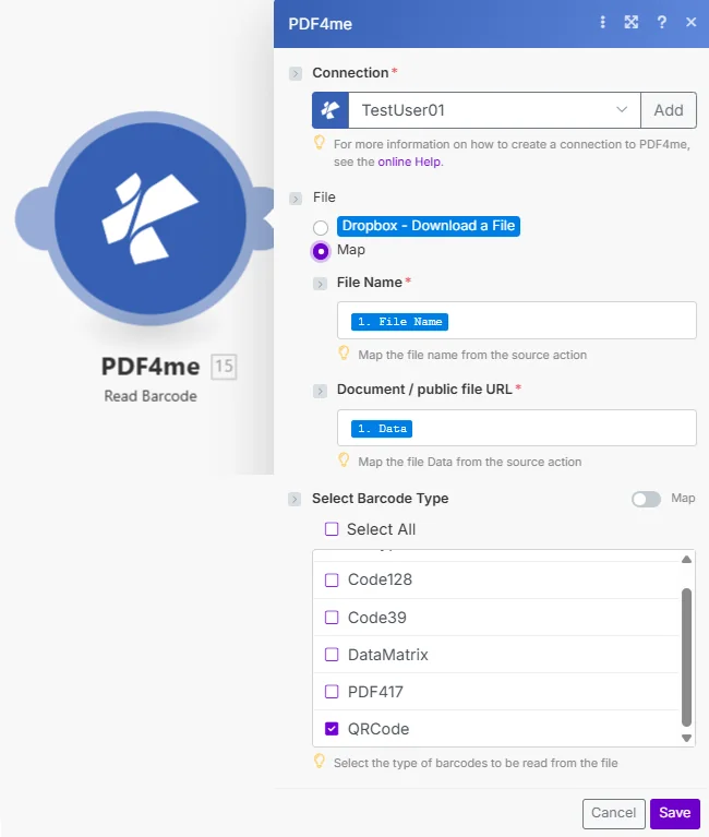 使 PDF4me 从 PDF 读取条形码模块显示连接设置为 TestUser01，文件设置为包含文件名和文档字段的映射，并选择条形码类型，其中二维码已选中。